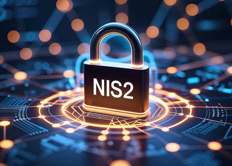 Die Bildcollage zeigt ein silbernes Vorhängeschloss mit der Aufschrift „NIS2”  steht im Zentrum einer stilisierten digitalen Netzwerkdarstellung. Um das Schloss herum verlaufen leuchtende Linien und Knotenpunkte, die Cybersicherheit und Vernetzung symbolisieren. Dieses Bild wurde mit KI generiert.