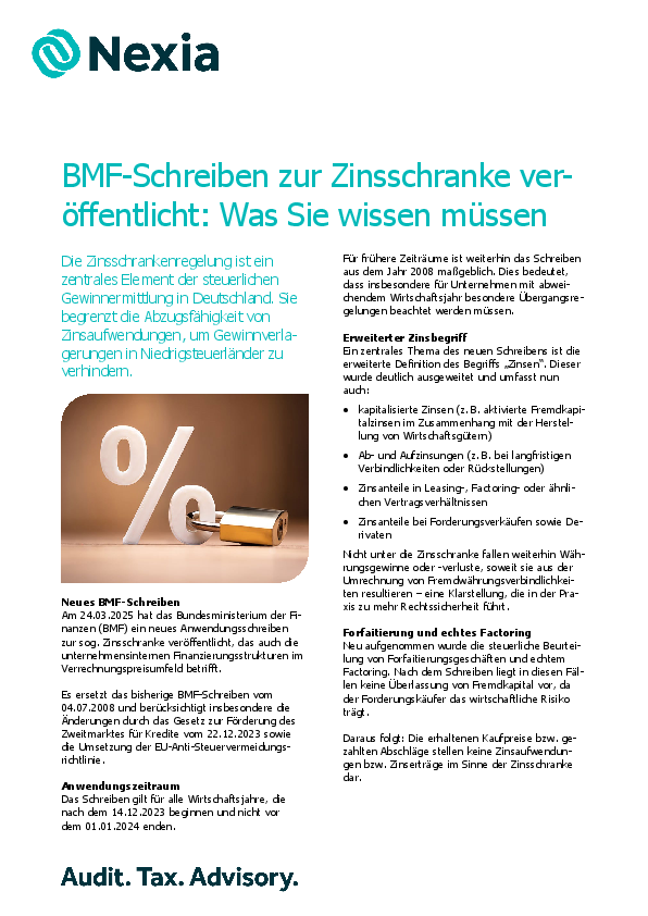 PDF zur Mandanteninfo zum Thema: BMF-Schreiben zur Zinsschranke veröffentlicht: Was Sie wissen müssen