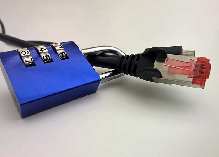 In einem Sicherheitsschloss steckt ein Internetkabel.