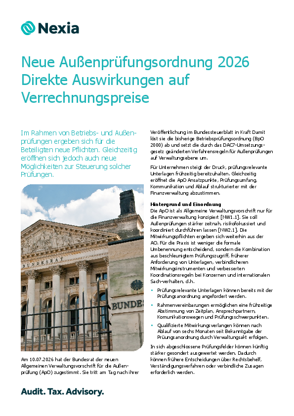 PDF zur Mandanteninformation: Neue Außenprüfungsordnung 2026 Direkte Auswirkungen auf Verrechnungspreise