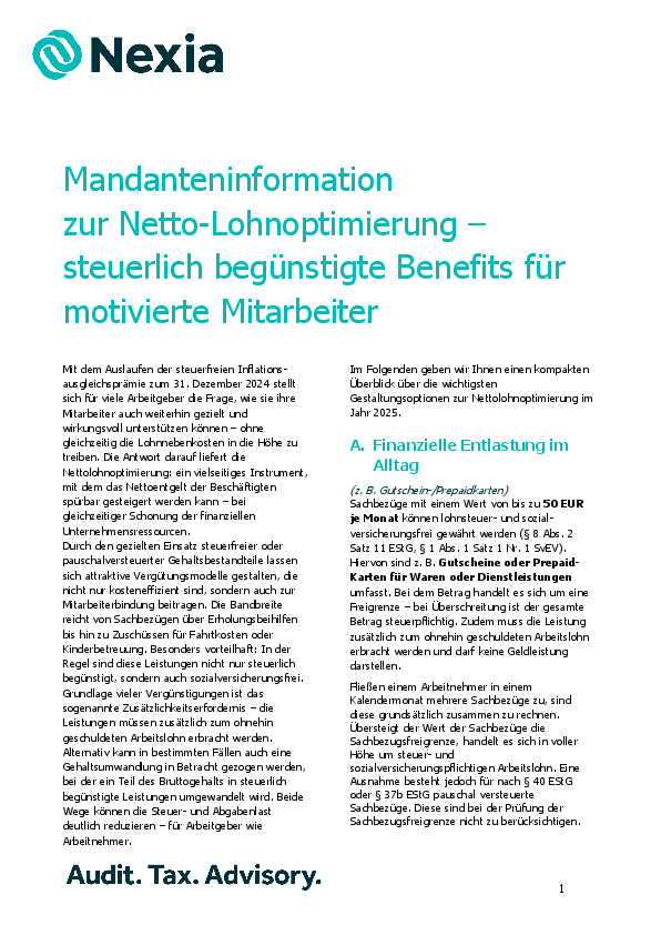 PDF zur Mandanteninfo: Mandanteninformation zur Netto-Lohnoptimierung – steuerlich begünstigte Benefits für motivierte Mitarbeiter