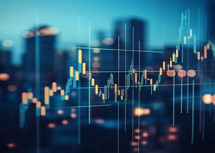 Eine Bildcollage zeigt einen Aktienkurs im Hintergrund sind Hochhäuser zu sehen.