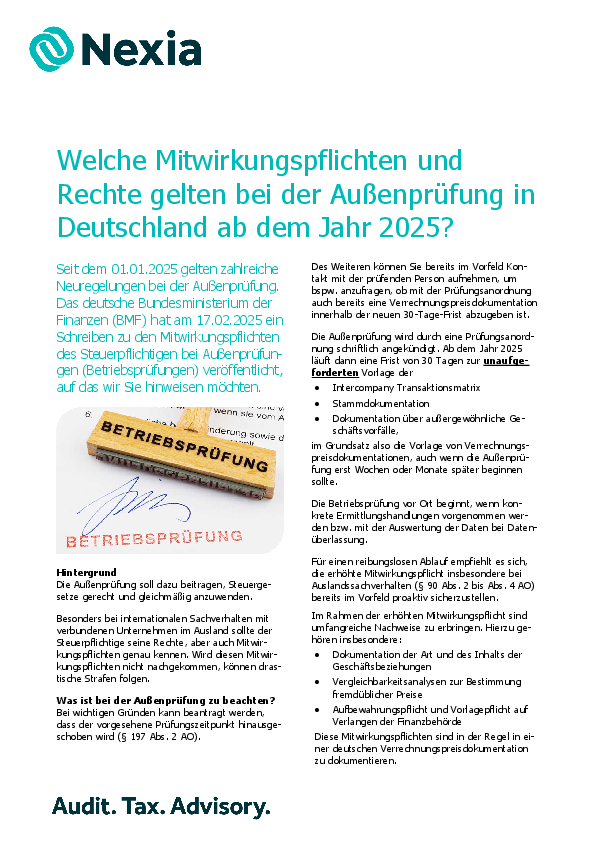 PDF zur Mandanteninfo zum Thema: Welche Mitwirkungspflichten und Rechte gelten bei der Außenprüfung in Deutschland ab dem Jahr 2025?