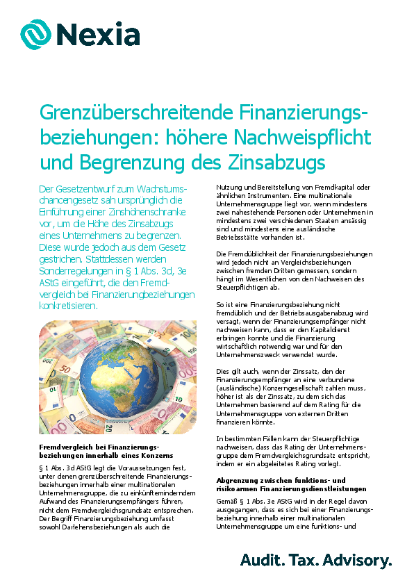 PDF zur Mandanteninfo zum Thema: Grenzüberschreitende Finanzierungsbeziehungen: höhere Nachweispflicht und Begrenzung des Zinsabzugs 