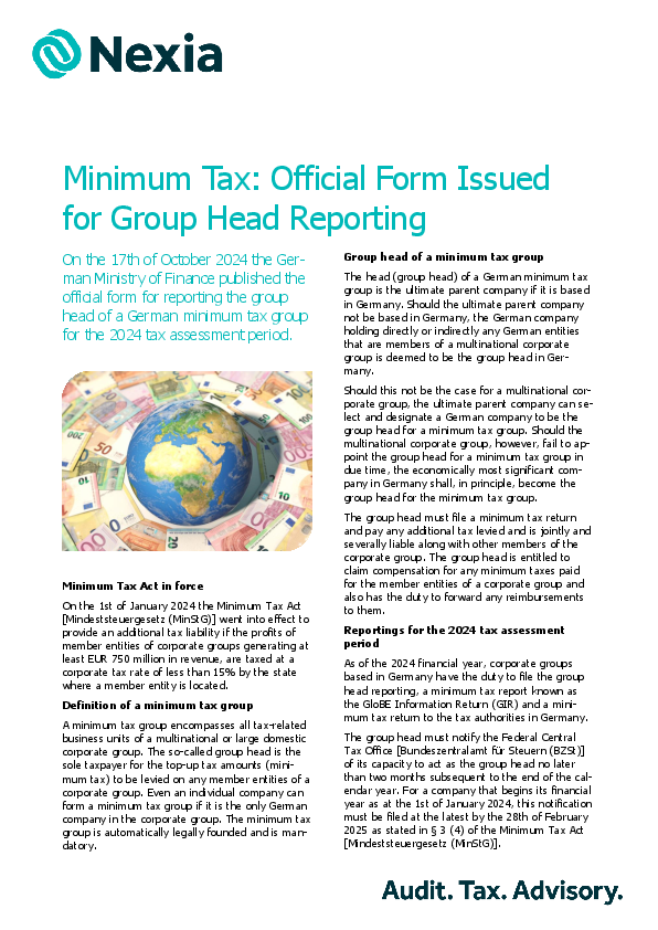 Minimum Tax: Official Form Issued for Group Head Reporting PDF for client information on the topic: Minimum Tax: Official Form Issued for Group Head Reporting