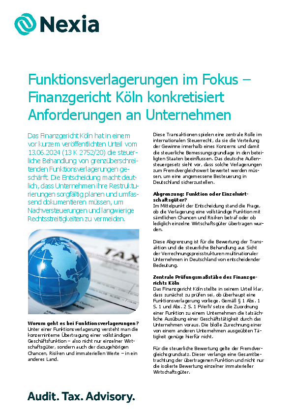 PDF zur Mandanteninfo: Funktionsverlagerungen im Fokus – Finanzgericht Köln konkretisiert Anforderungen an Unternehmen