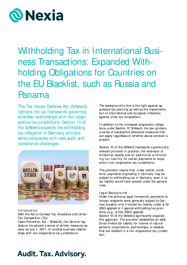 PDF: Withholding Tax in International Business Transactions: Expanded Withholding Obligations for Countries on the EU Blacklist, such as Russia and Panama