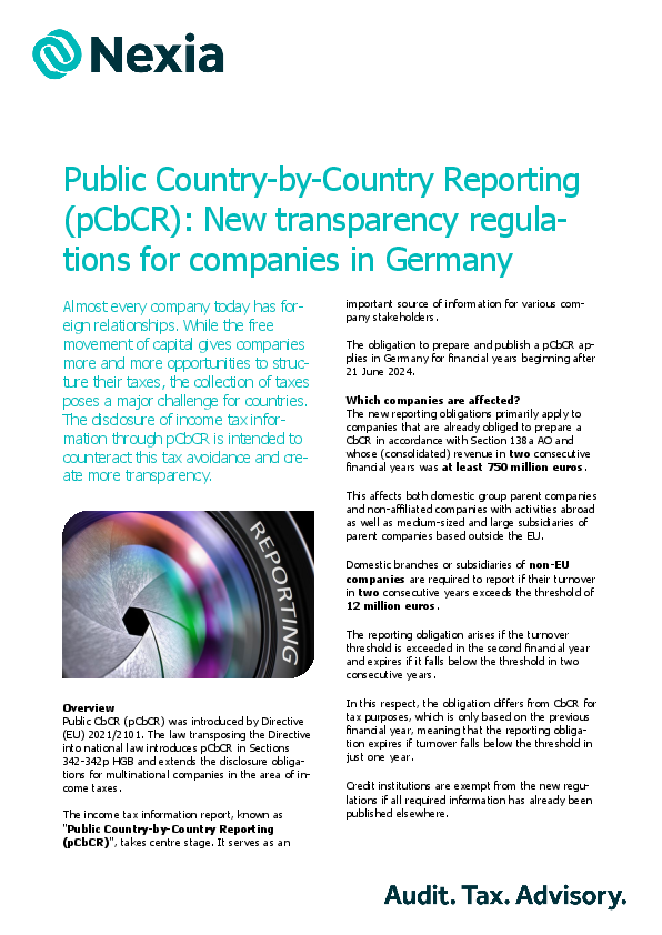 PDF for client information on the topic: Public Country-by-Country Reporting (pCbCR): New transparency regulations for companies 