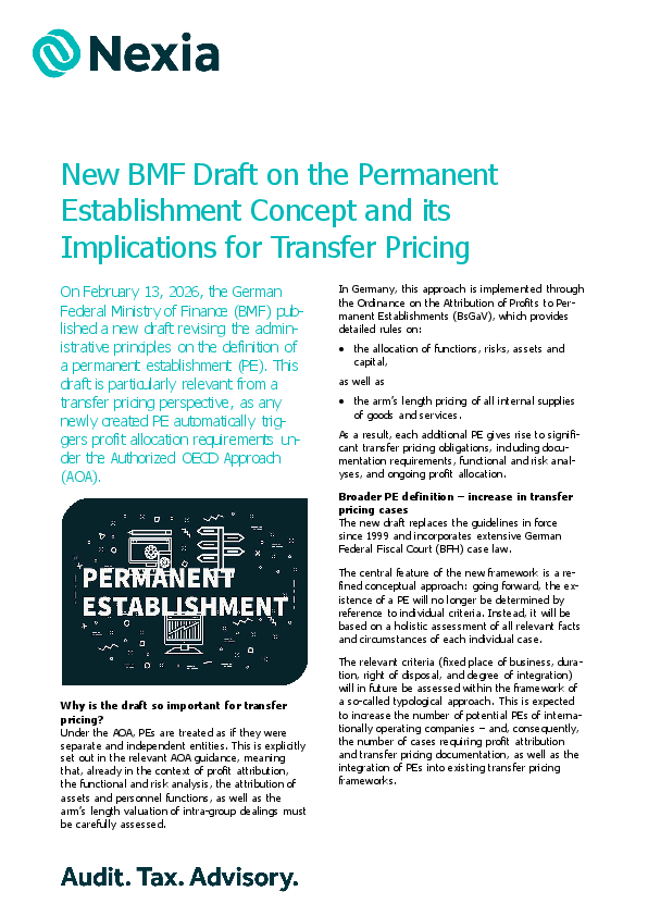 New BMF Draft on the Permanent Establishment Concept and its Implications for Transfer Pricing