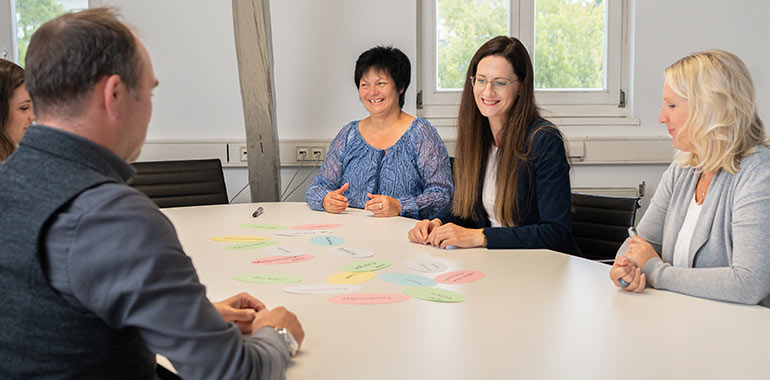 Personen sitzen an einem Tisch und diskutieren über bunte Zettel, die auf dem Tisch liegen.