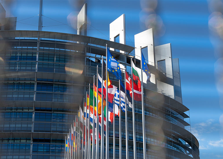 Flaggen der europäischen Länder in mehreren Reihen vor einem Gebäude.
