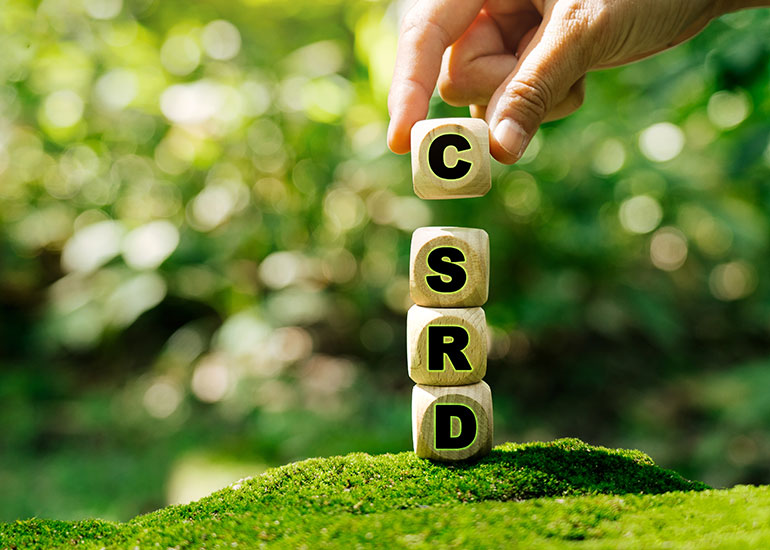 Der Begriff "CSRD" steht auf Würfeln. Auf jedem Würfel steht ein Buchstabe. Im Hintergrund ist die Natur zu sehen.
