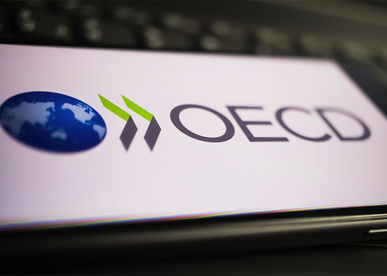 Auf einem Schild ist das Logo der Organisation für wirtschaftliche Zusammenarbeit und Entwicklung (OECD) zu sehen.