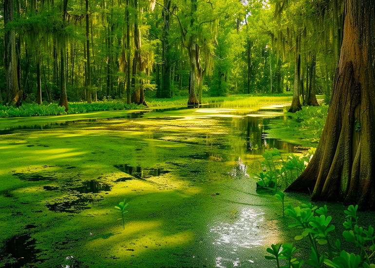 Waldgebiet, das von einem Fluss durchquert wird.