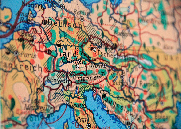 Detailansicht einer Karte. Zu sehen sind von links nach rechts Frankreich bis Polen und von oben nach unten Deutschland bis Italien.