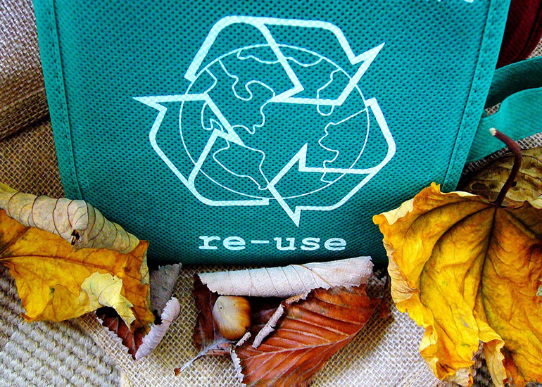 Tasche mit Recycling-Zeichen und der Aufschrift "re-use". Daneben liegt Laub.