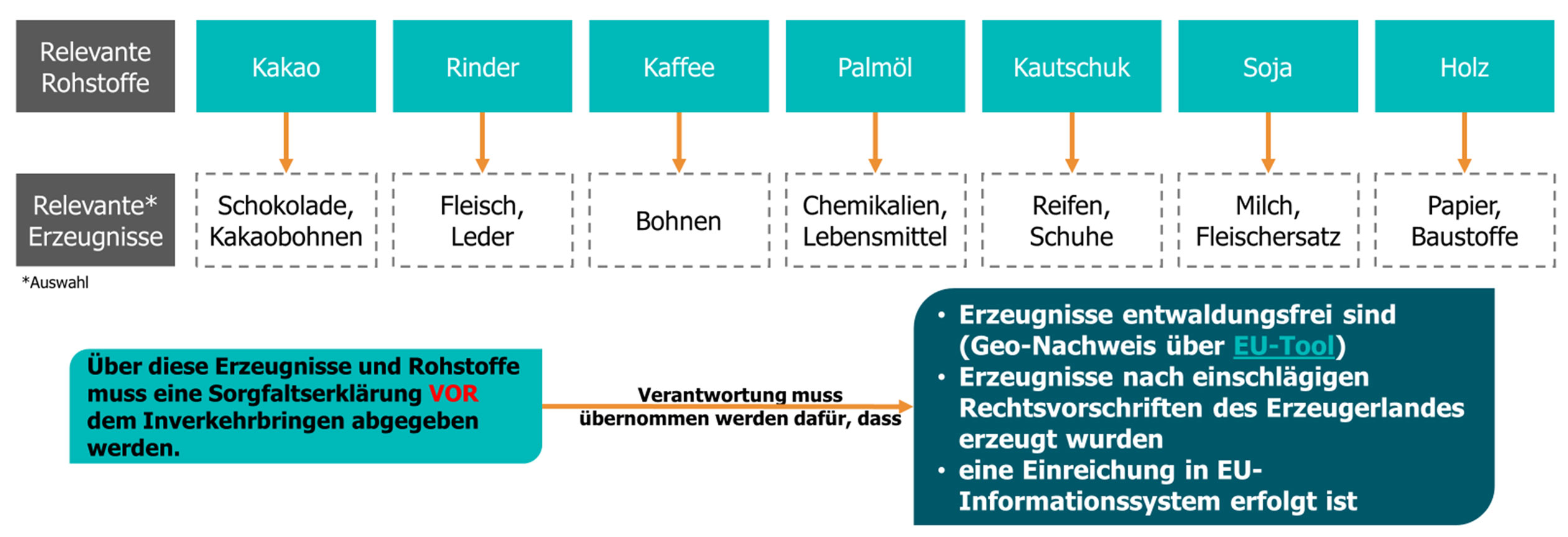 Das Bild zeigt eine Übersicht relevanter Rohstoffe und Erzeugnisse, die von der EU-Verordnung betroffen sind, mit einem Fokus auf Sorgfaltspflichten.  Es gibt zwei Spalten:      Die erste Spalte listet "Relevante Rohstoffe" auf, darunter:         Kakao → Schokolade, Kakaobohnen         Rinder → Fleisch, Leder         Kaffee → Bohnen         Palmöl → Chemikalien, Lebensmittel         Kautschuk → Reifen, Schuhe         Soja → Milch, Fleischersatz         Holz → Papier, Baustoffe  Am unteren Rand steht ein Kasten mit Hinweisen:      Unternehmen müssen VOR dem Inverkehrbringen dieser Rohstoffe und Erzeugnisse eine Sorgfaltserklärung abgeben.     Es besteht Verantwortung sicherzustellen, dass:         Erzeugnisse entwaldungsfrei sind (Nachweis über ein EU-Tool),         Erzeugnisse gemäß den Rechtsvorschriften des Erzeugerlandes hergestellt wurden,         und die Einreichung im EU-Informationssystem erfolgt ist.  Die Gestaltung nutzt Pfeile und Kästen, um die Verknüpfungen zwischen Rohstoffen und Erzeugnissen sowie die Anforderungen hervorzuheben.