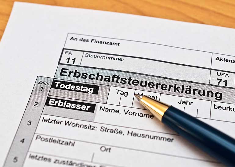 Auf einem Erbschaftssteuerformular liegt ein Kugelschreiber.