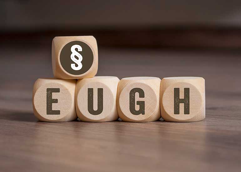 Auf den Holzwürfeln steht „§ EUGH”. Jeder Buchstabe ist auf einem eigenen Würfel zu finden.