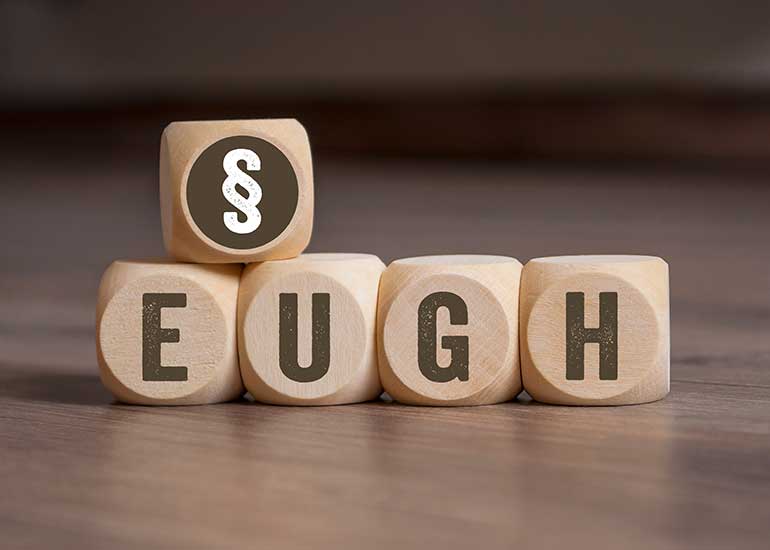 Auf Holzwürfeln steht „EUGH” für den Gerichtshof der Europäischen Union. Jeder Buchstabe steht auf einem eigenen Würfel. Darüber ist auf einem weiteren Würfel ein Paragraphenzeichen abgebildet.