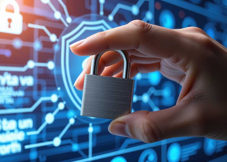 Eine Hand hält ein Sicherheitsschloss vor ein Display mit einem Schaubild zum Thema Cybersicherheit.