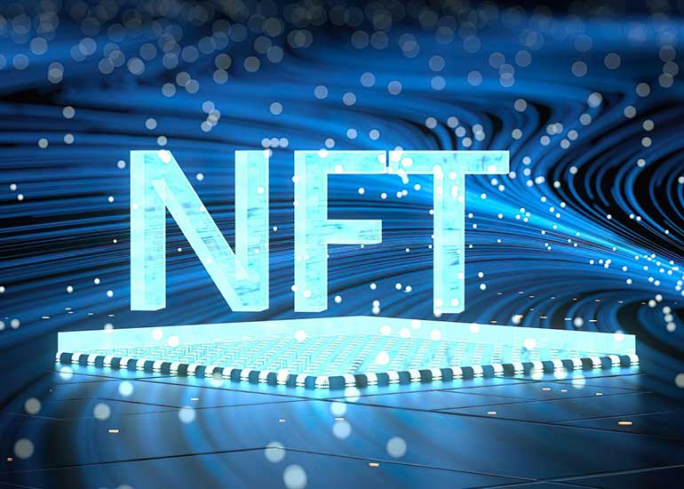 Die Bildcollage zeigt eine Platine, auf der der Begriff „NFT” steht.