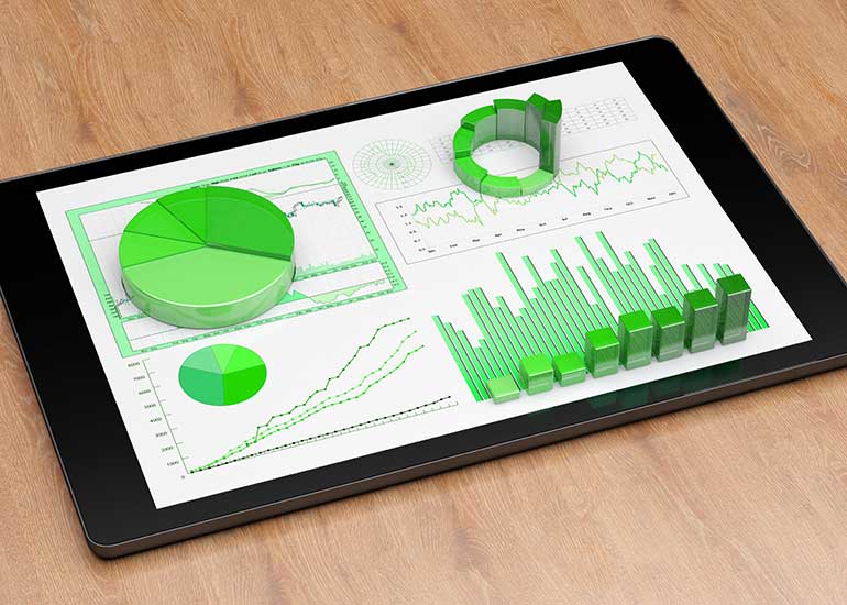 Eine Bildcollage zeigt ein Tablet, aus dem grüne Diagramme herauswachsen.