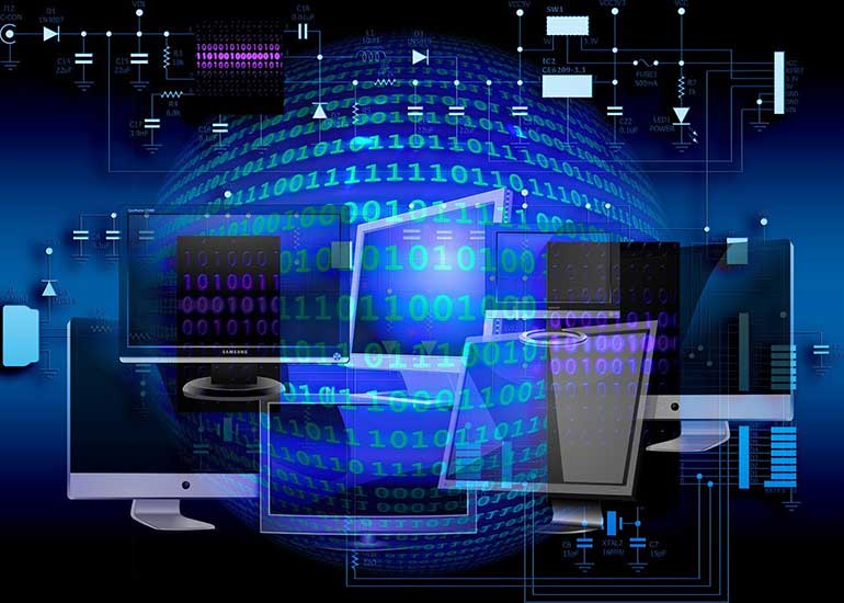 Die Bildcollage zeigt einen Kreis aus Einsen und Nullen, vor dem ein Monitor steht. Darüber hinaus sind Schaltgrafiken um die Elemente angeordnet.