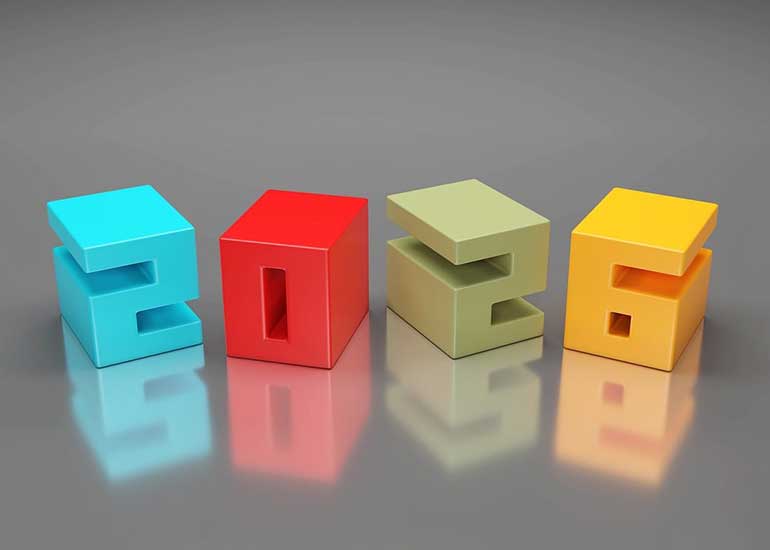 Aus Spielsteinen in Zahlenform wurde die Zahl „2026” geschrieben.