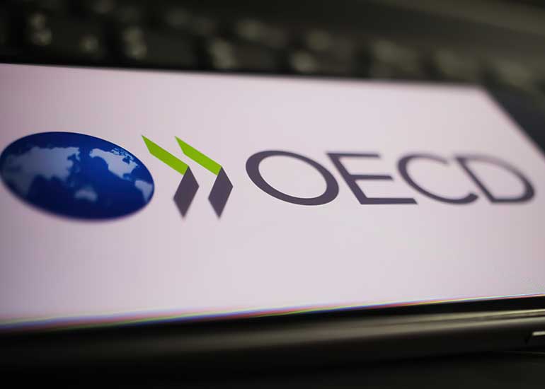 Auf einem Schild ist das Logo der Organisation für wirtschaftliche Zusammenarbeit und Entwicklung (OECD) zu sehen.
