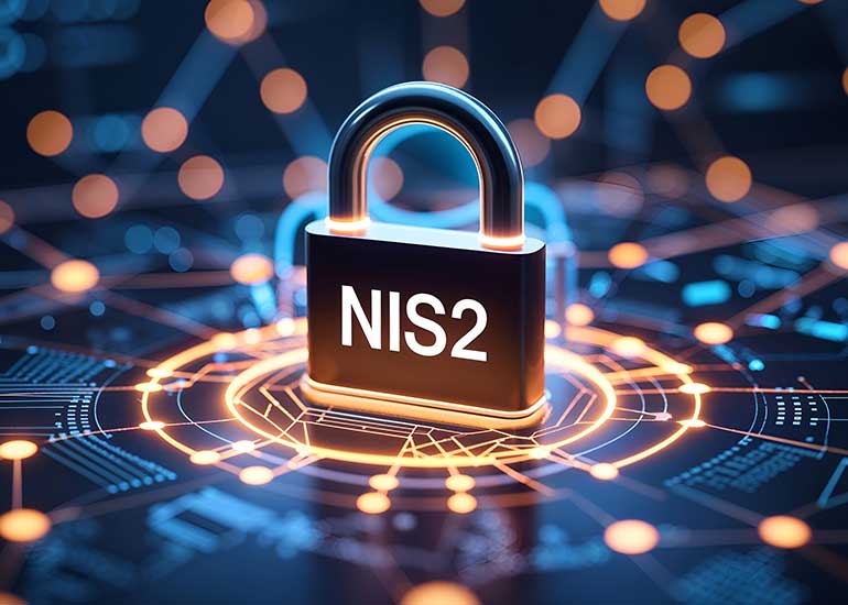 Die Bildcollage zeigt ein silbernes Vorhängeschloss mit der Aufschrift „NIS2”  steht im Zentrum einer stilisierten digitalen Netzwerkdarstellung. Um das Schloss herum verlaufen leuchtende Linien und Knotenpunkte, die Cybersicherheit und Vernetzung symbolisieren. Dieses Bild wurde mit KI generiert.
