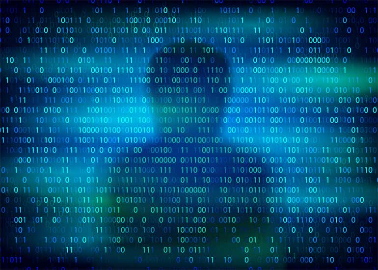 Die Bildcollage zeigt viele Reihen aus Einsen und Nullen und eine unbekannte, dunkle Gestalt im Hintergrund.