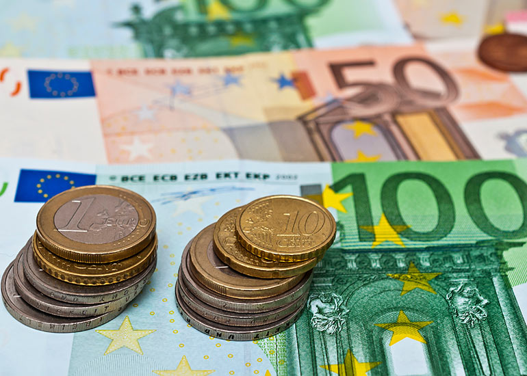 Zu sehen sind Euro-Banknoten und Münzen.