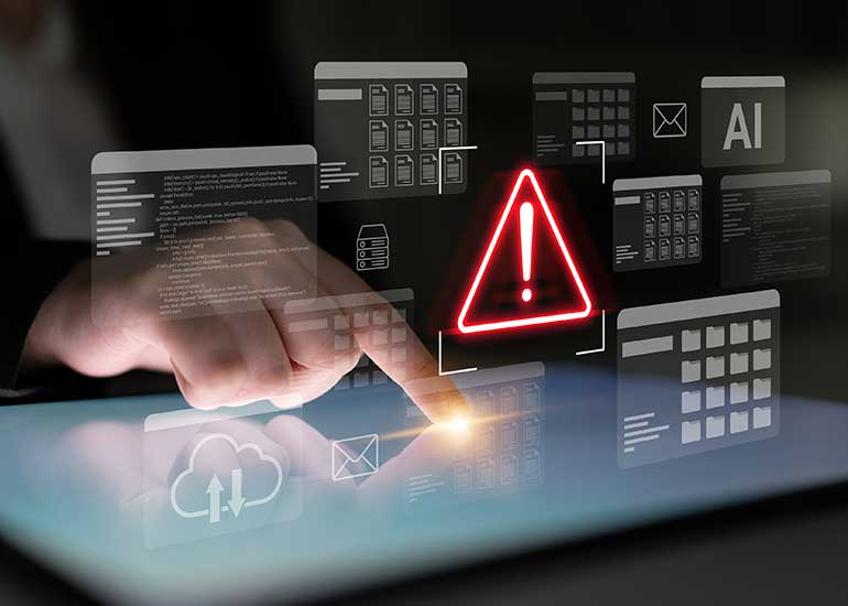 Die Bildcollage zeigt eine Person, die eine digitale Benutzeroberfläche auf einem Touchscreen bedient. Im Vordergrund erscheint ein rotes Warnsymbol, umgeben von Symbolen für Daten, E-Mails, Cloud-Dienste und künstliche Intelligenz.