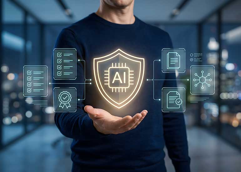 Die Bildcollage zeigt eine Person, die eine Hand nach vorne hält. Über der Hand ist ein leuchtendes Schild mit einem KI-Symbol dargestellt. Das Schild ist mit digitalen Symbolen für Checklisten, Zertifizierungen, Dokumente und Vernetzung verbunden und veranschaulicht somit die Prüfung und Absicherung vertrauenswürdiger KI-Systeme. Das Bild wurde mithilfe von KI erstellt.