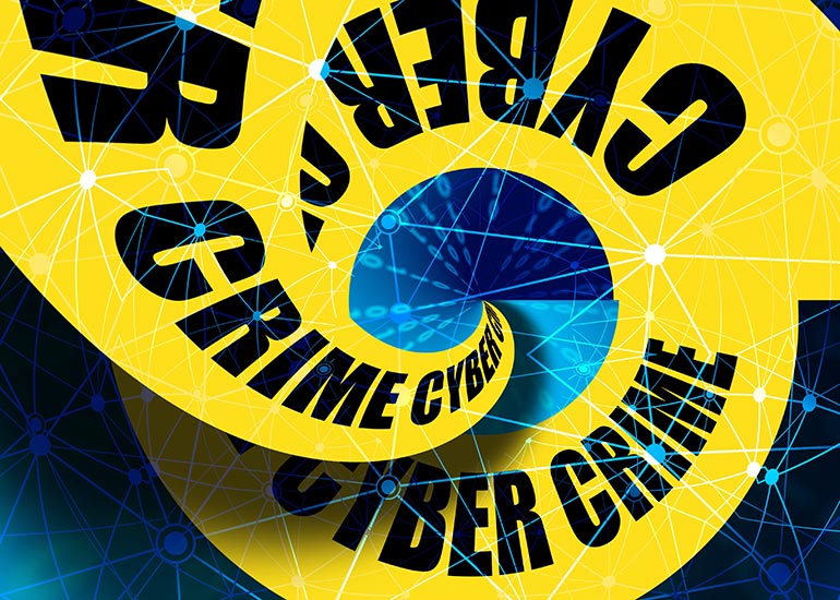 Illustration zu Cyberkriminalität und Cyberangriffen mit dem Begriff "Cyber Crime" vor einem digitalen Netzwerkhintergrund.