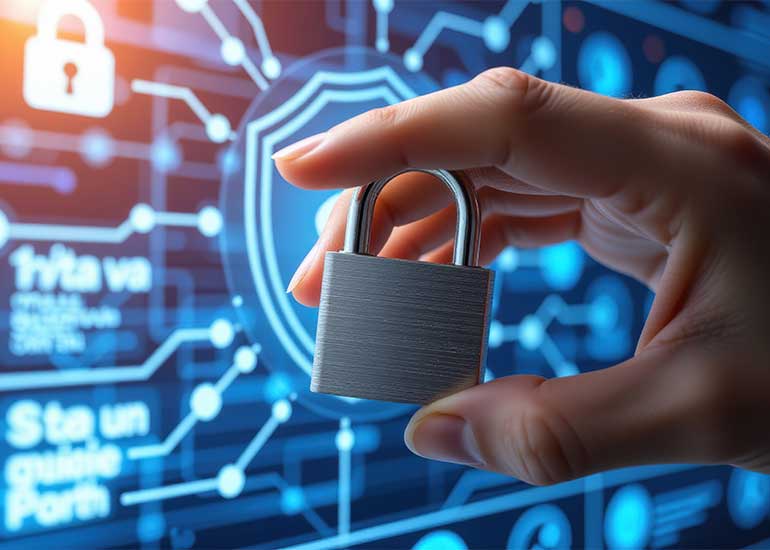 Eine Hand hält ein Sicherheitsschloss vor ein Display mit einem Schaubild zum Thema Cybersicherheit.