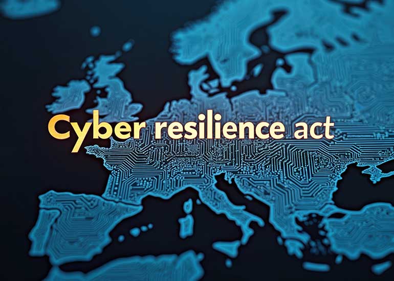 Europakarte mit digitaler Leiterbahnstruktur und dem Schriftzug „Cyber Resilience Act“.