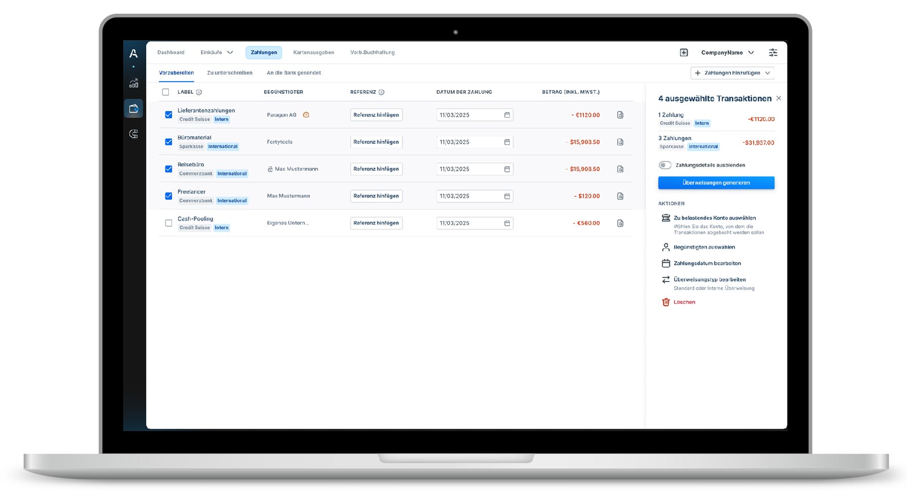 Pay Suppliers Laptop mit Agicap Software auf dem Bildschirm: Der Bereich Pay Suppliers wird gezeigt.