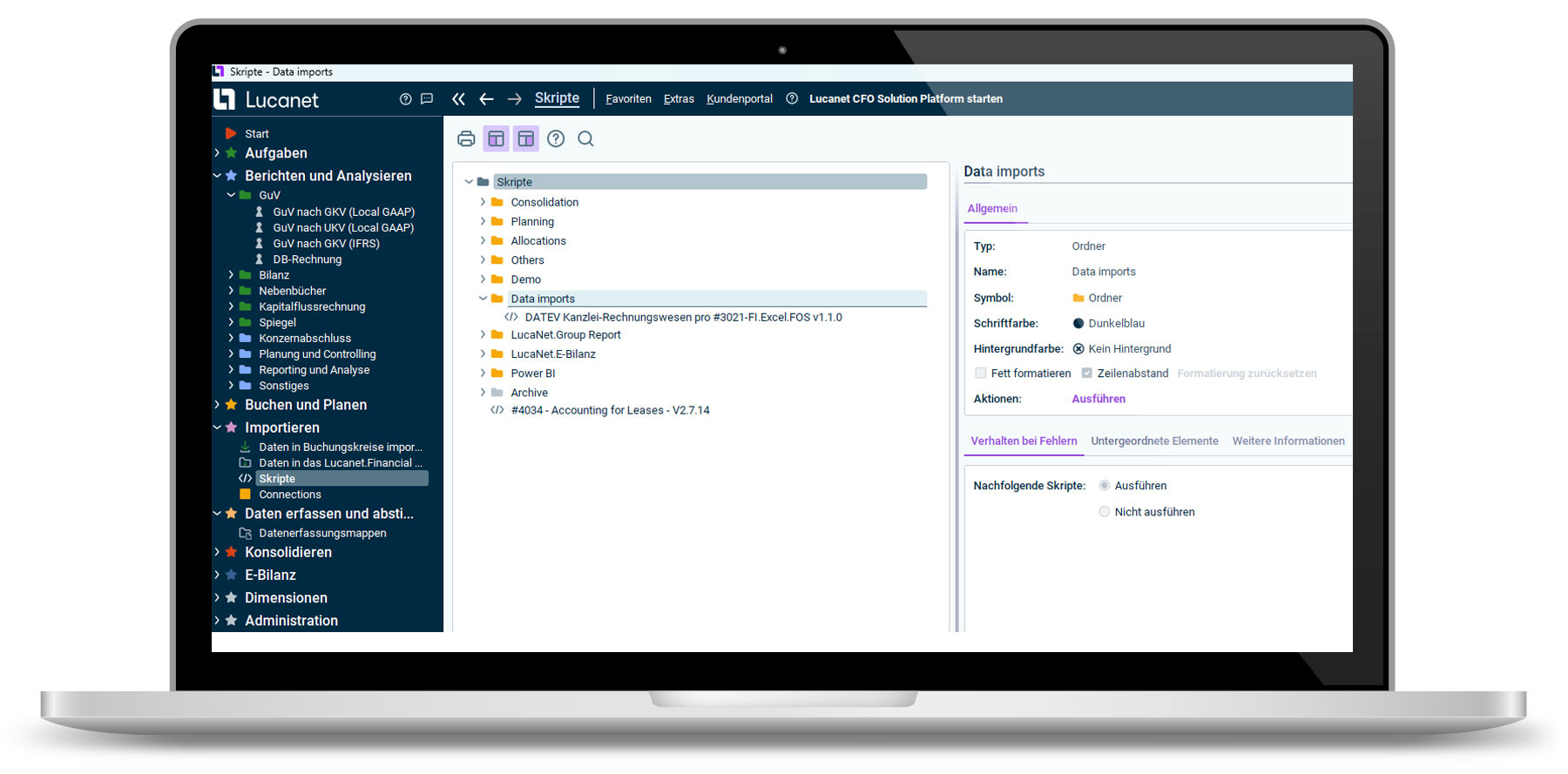 Schnittstellen, Datenimporte und weitere Automatisierungsskripte im Lucanet Financial Client Laptop mit Lucanet Dashboard auf dem Bildschirm: Schnittstellen, Datenimporte und weitere Automatisierungsskripte im Lucanet Financial Client