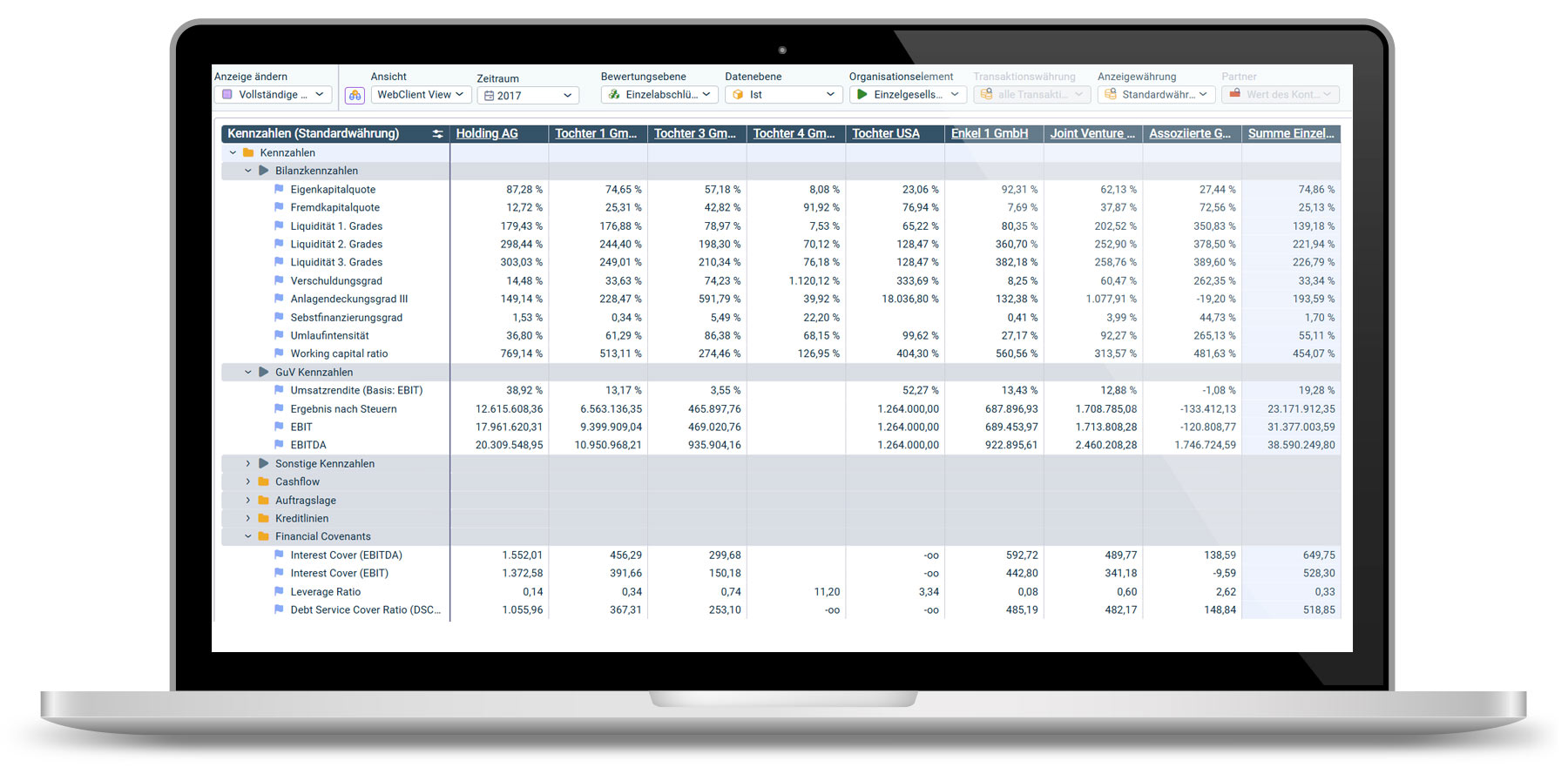 KPI-Bericht auf Einzelgesellschaftsebene in der Lucanet CFO Solution Platform Laptop mit Lucanet Dashboard auf dem Bildschirm: KPI-Bericht auf Einzelgesellschaftsebene in der Lucanet CFO Solution Platform