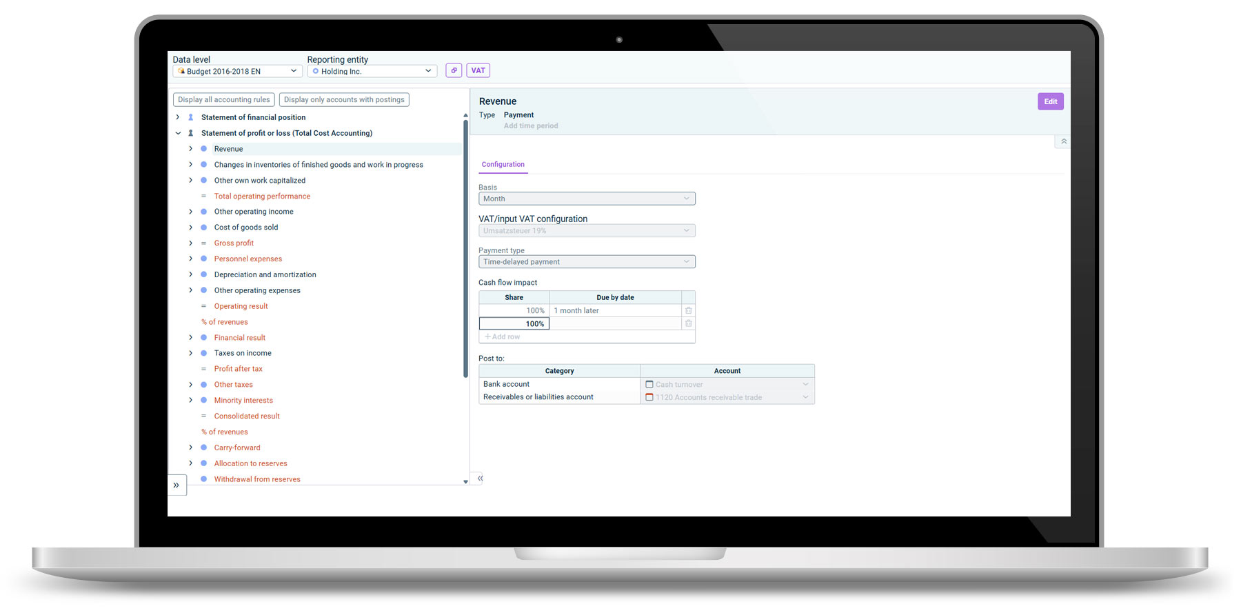 Laptop with Lucanet dashboard on the screen: Integrated planning approach through posting rules with automatic offsetting entries