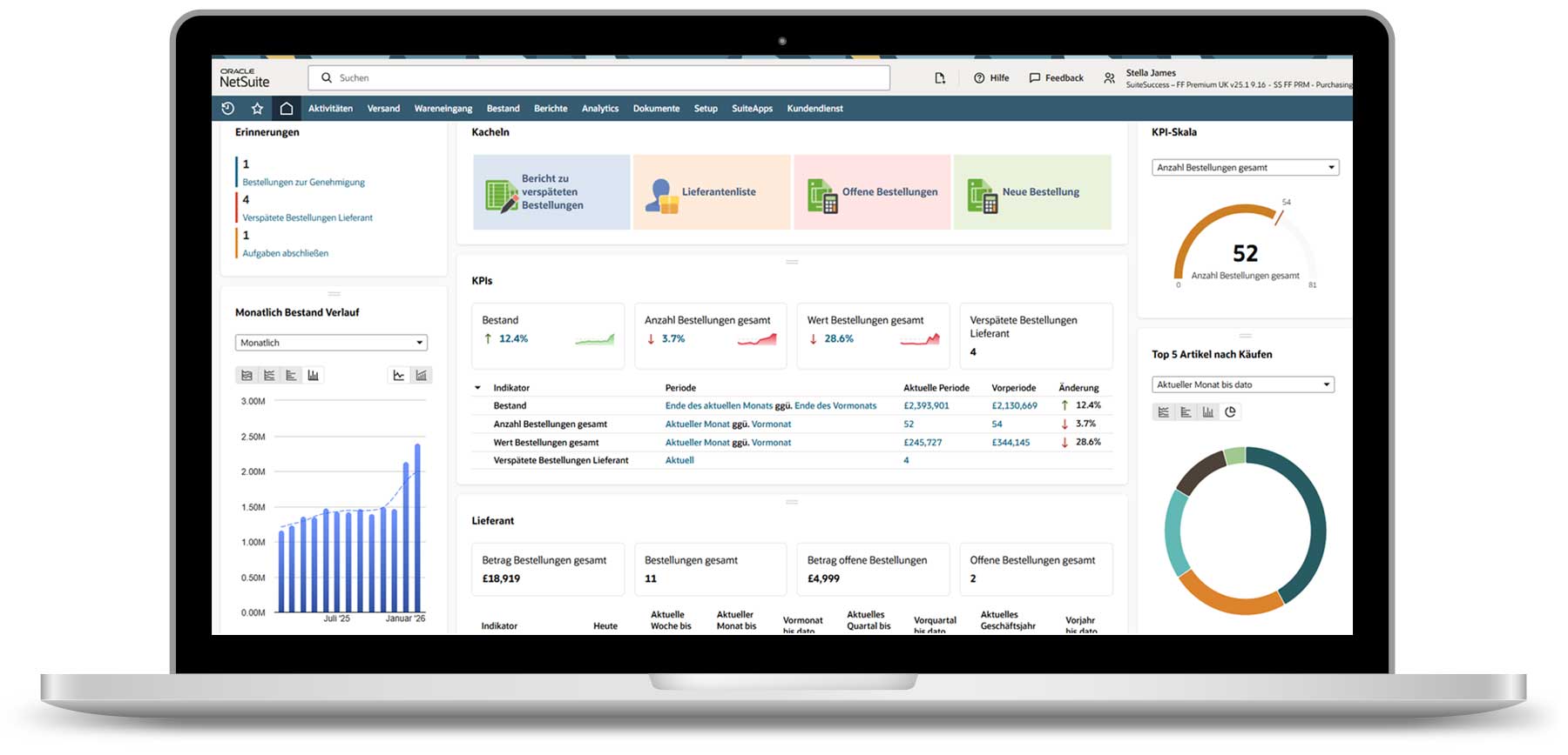 Laptop mit NetSuite ERP auf dem Bildschirm: Bestände, Bestellaktivitäten und Lieferantenperformance werden in einem klar strukturierten Dashboard dargestellt. Dadurch lassen sich Einkaufsprozesse schnell und verlässlich überwachen.