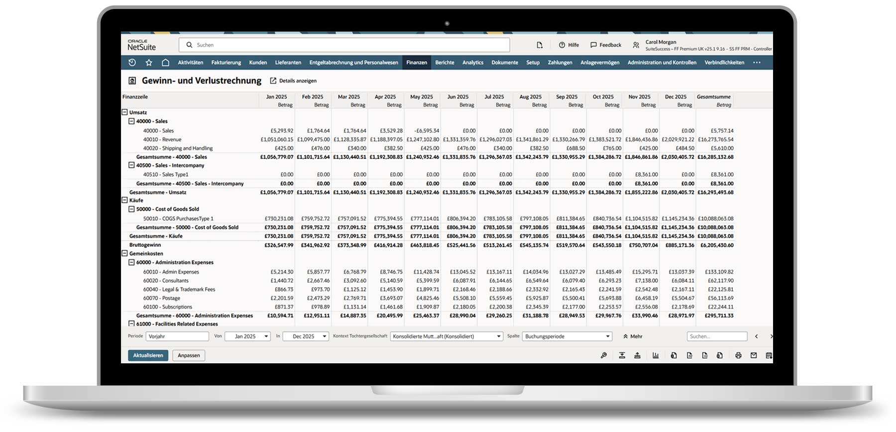 Laptop mit NetSuite ERP auf dem Bildschirm: Die Entwicklung von Umsatz, Herstellkosten und Gemeinkosten wird monatlich transparent aufgezeigt. So entsteht eine klare Übersicht über die Gewinn- und Verlustlage.