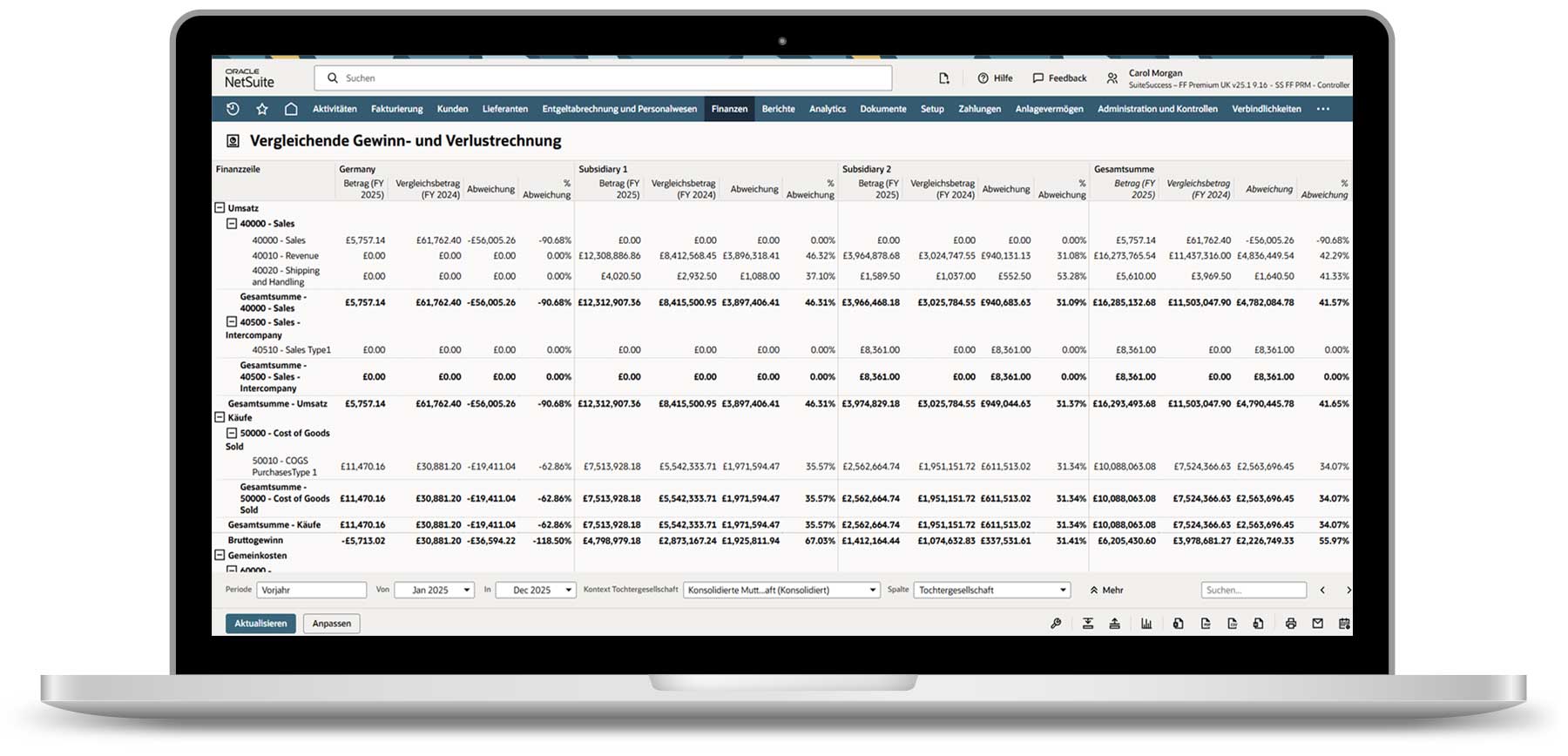 Laptop mit NetSuite ERP auf dem Bildschirm: Die Leistungsunterschiede zwischen verschiedenen Einheiten oder Tochtergesellschaften werden übersichtlich dargestellt. Das unterstützt fundierte, strategische Finanzentscheidungen.