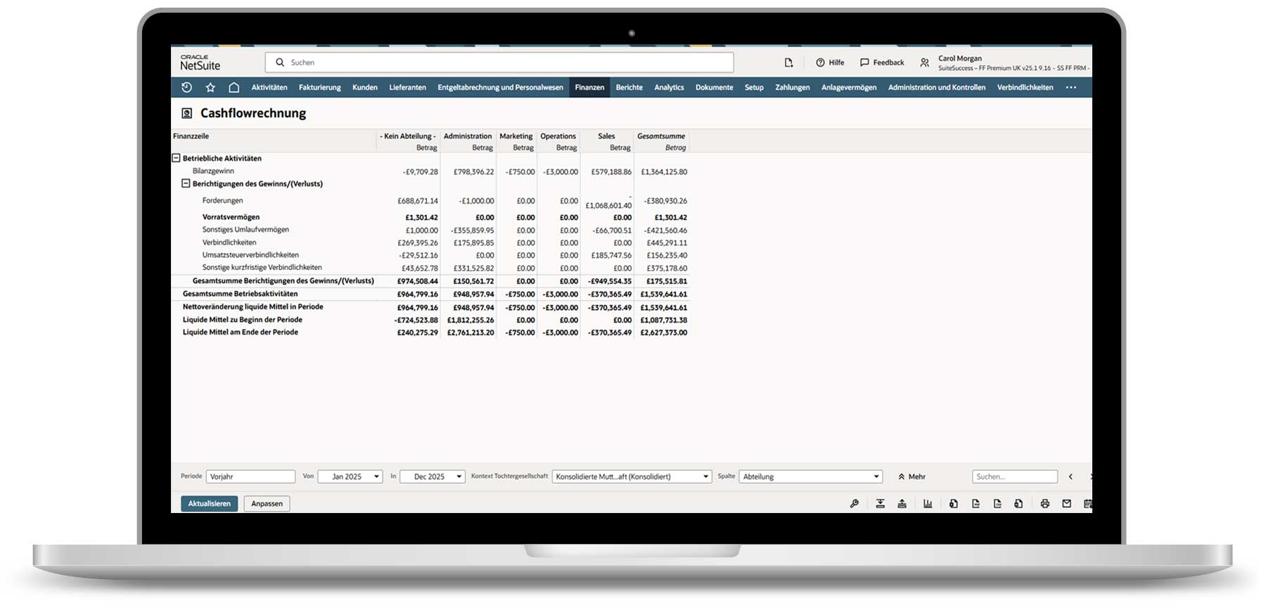 Laptop mit NetSuite ERP auf dem Bildschirm: Jede Abteilung wird hinsichtlich ihres Beitrags zu operativen, investiven und finanziellen Cashflows abgebildet. Damit wird transparent, wie einzelne Bereiche zum gesamten Cashflow des Unternehmens beitragen.