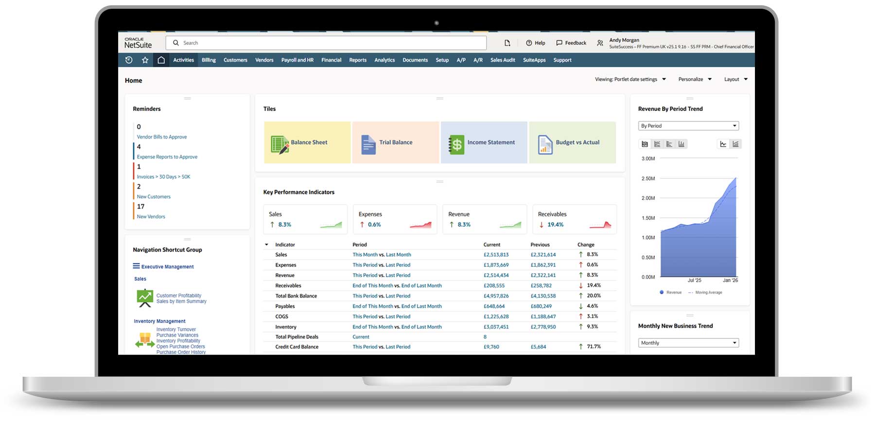 NetSuite ERP Laptop with NetSuite ERP on the screen: A central dashboard provides managers with immediate insights into trends, KPIs and the financial status of the company. This allows them to keep track of overall performance at all times.