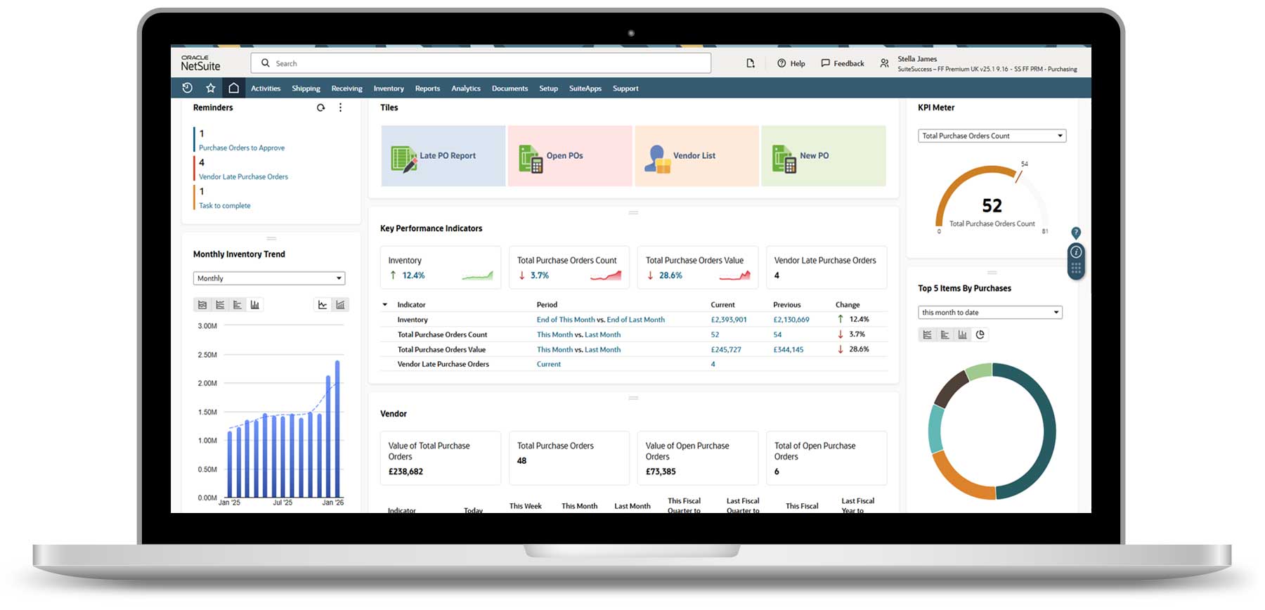 NetSuite ERP Laptop with NetSuite ERP on the screen: Inventories, ordering activities and supplier performance are displayed in a clearly structured dashboard. This allows purchasing processes to be monitored quickly and reliably.