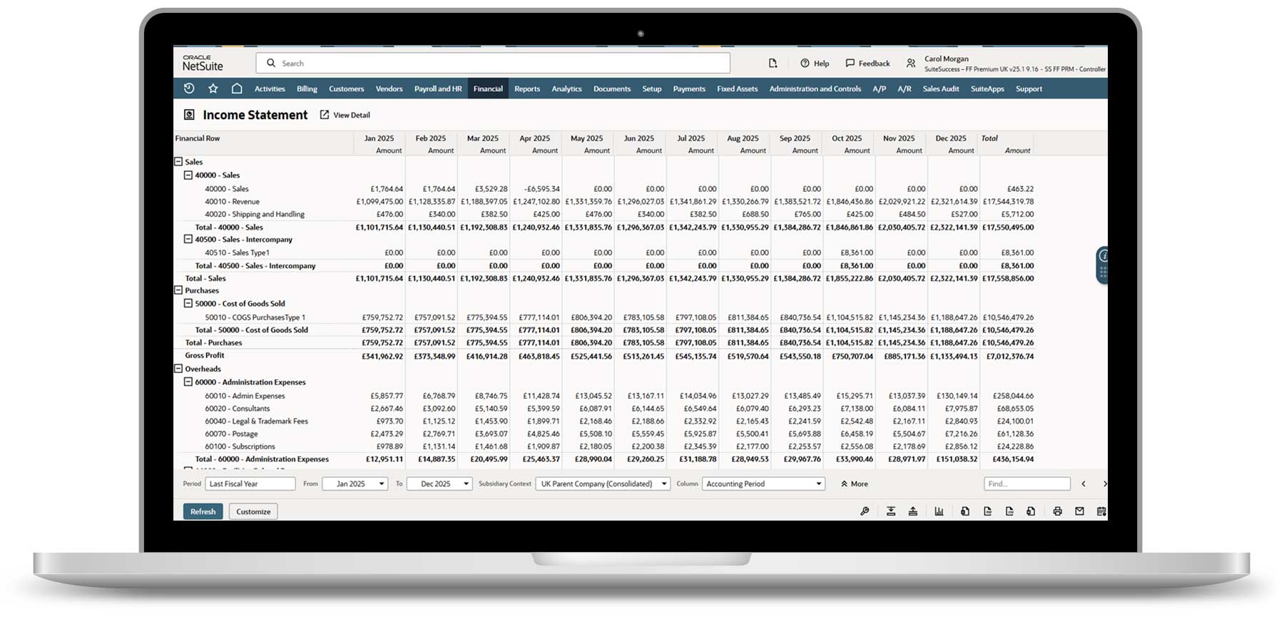 NetSuite ERP Laptop with NetSuite ERP on the screen: The development of sales, manufacturing costs and overheads is shown transparently on a monthly basis. This provides a clear overview of the profit and loss situation.