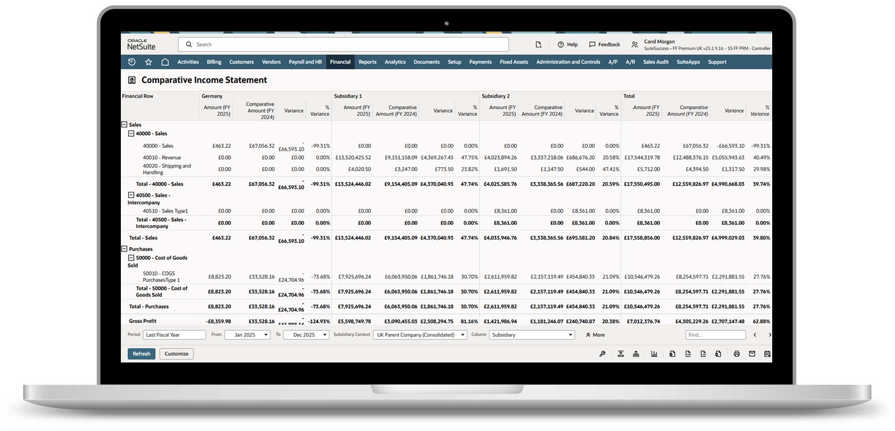 NetSuite ERP Laptop with NetSuite ERP on the screen: Performance differences between different units or subsidiaries are clearly displayed. This supports informed, strategic financial decisions.